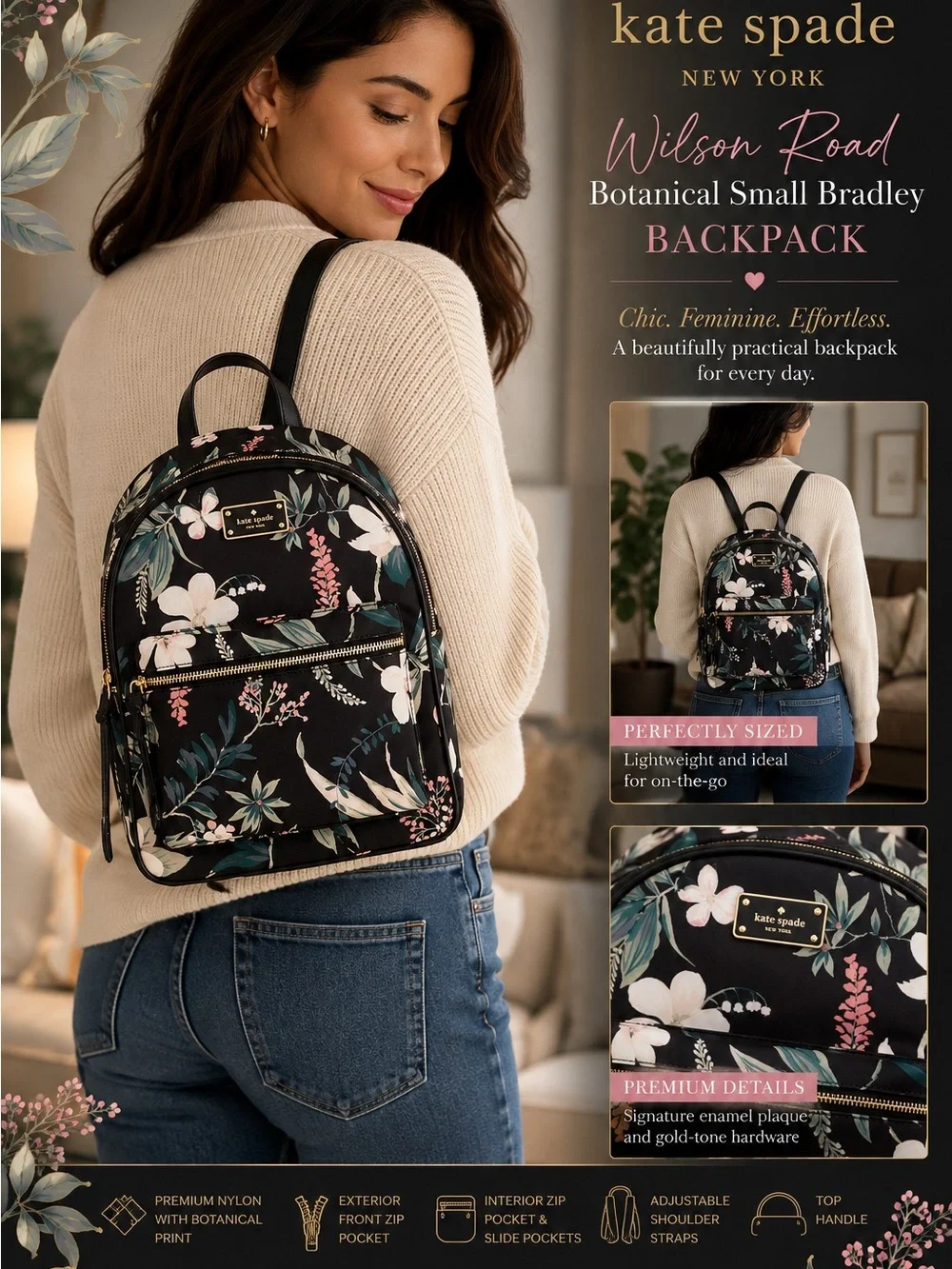 kate spade Black Floral Wilson Road Botanical Small Bradley Backpack